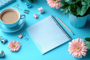 Creative workspace featuring coffee,, a Photo by Tanuart