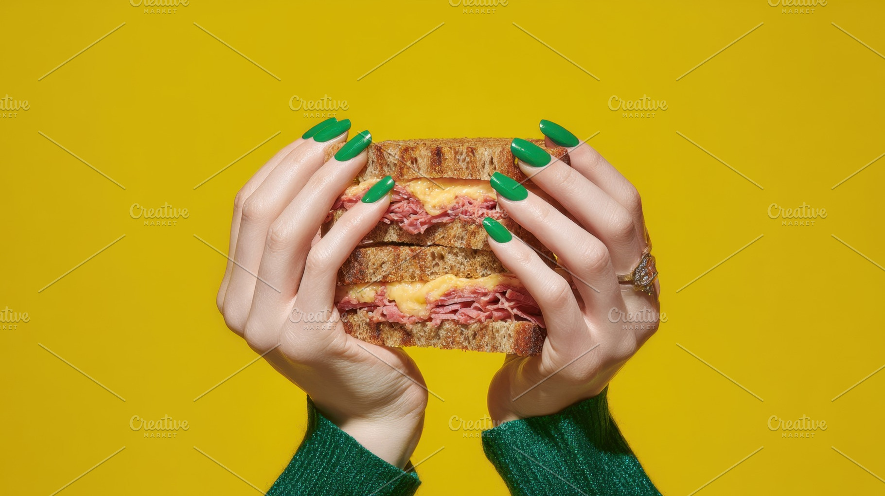 Hands with sandwich on yellow, a Photo by Beautiful things