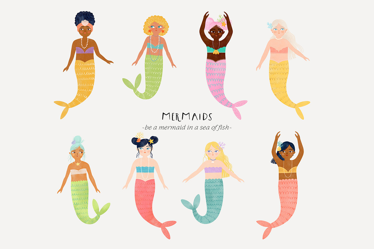 Little Mermaids. Clipart & Patterns, a Decorative Illustration by annartdreams (Photo 4 of 11)