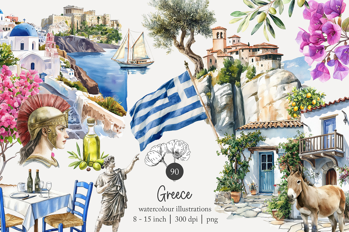 90 watercolour Greece clip art, a Seasonal Illustration by Poppy Lane Studio (Photo 1 of 12)