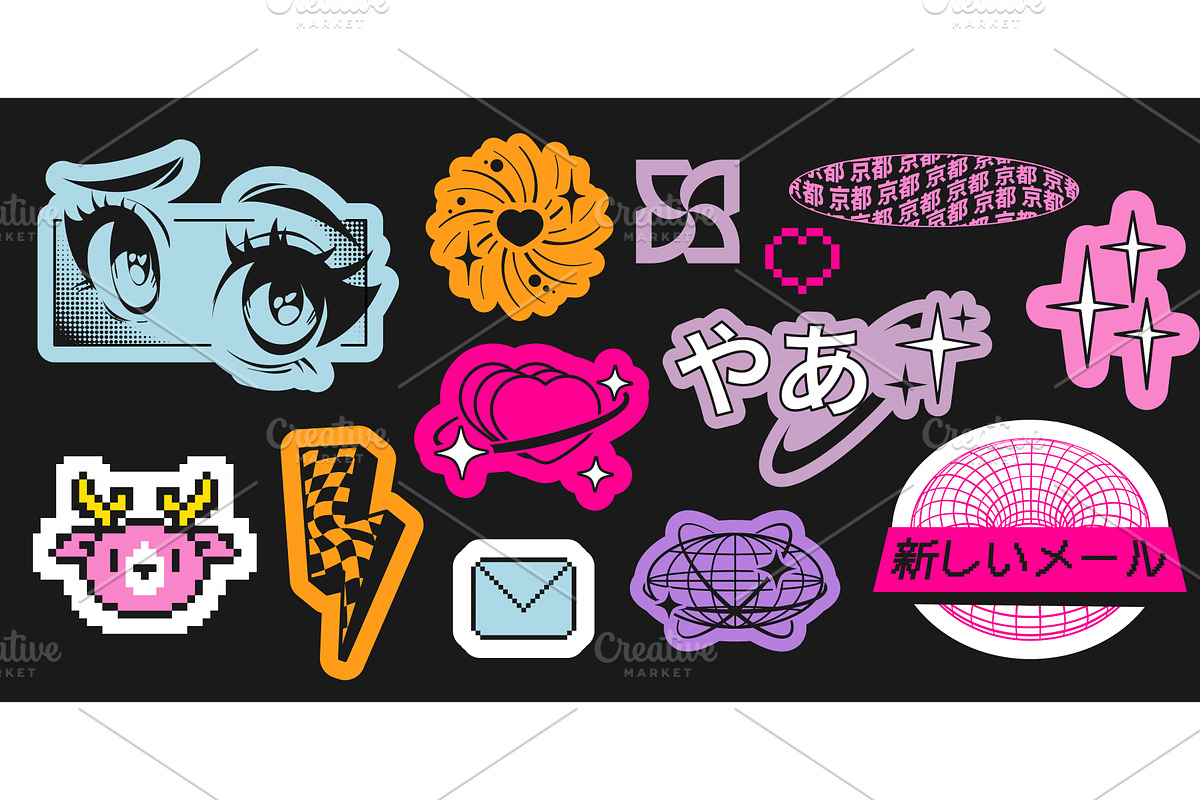 Vintage anime stickers set isolated, an Illustration by art PVP - market