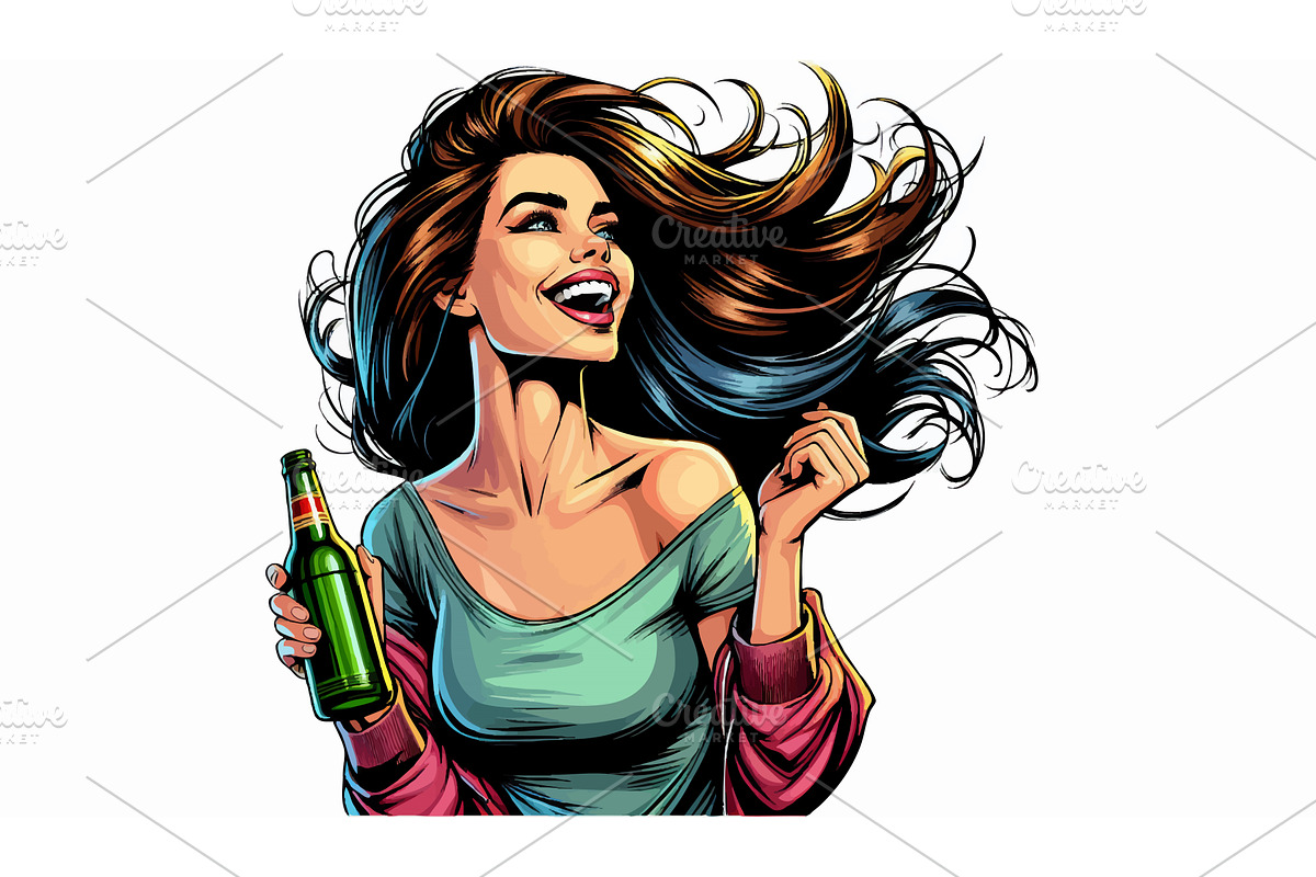 Happy Woman Holding Beer Bottle, a Person Illustration by AlexArt