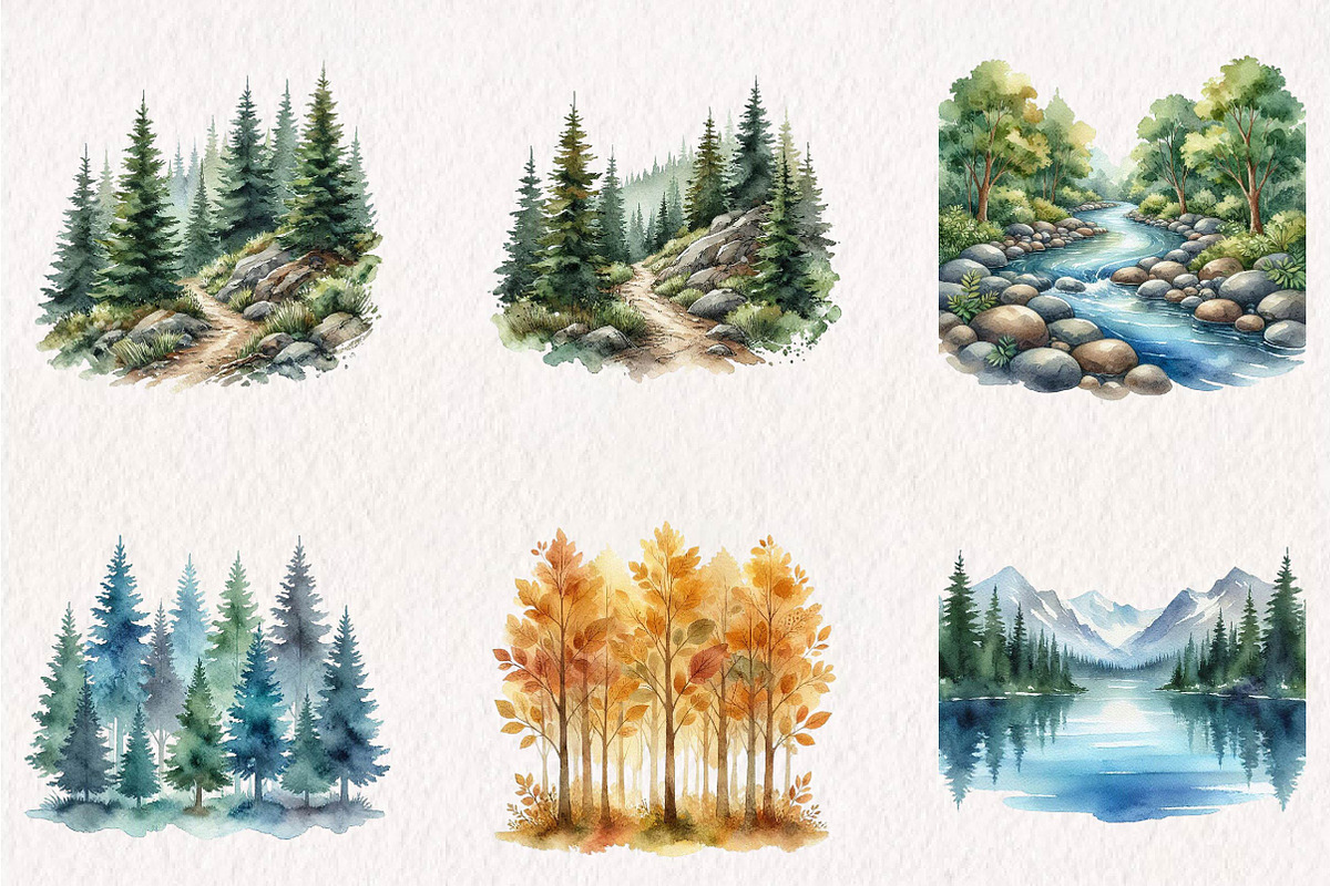 Watercolor Forest Landscape Clipart, a Seasonal Illustration by CreationArt (Photo 4 of 7)