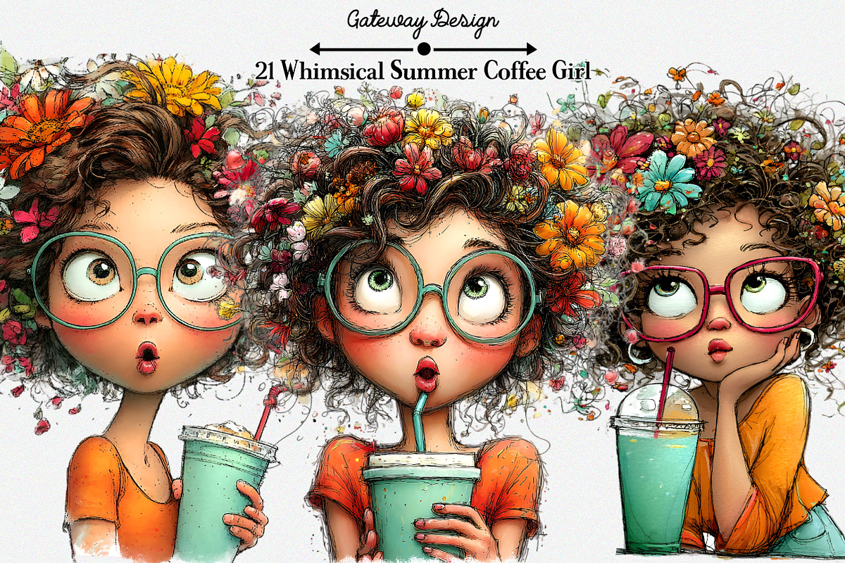 Whimsical Summer Coffee Girl Clipart, an Illustration by GatewayDesign (Photo 6 of 6)