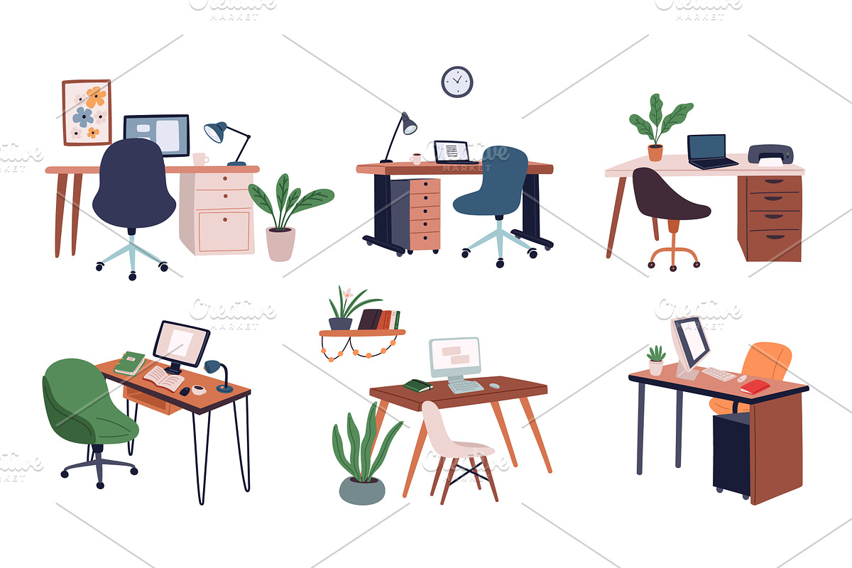Office desks with computers and, an Object Illustration by Vectorbuum