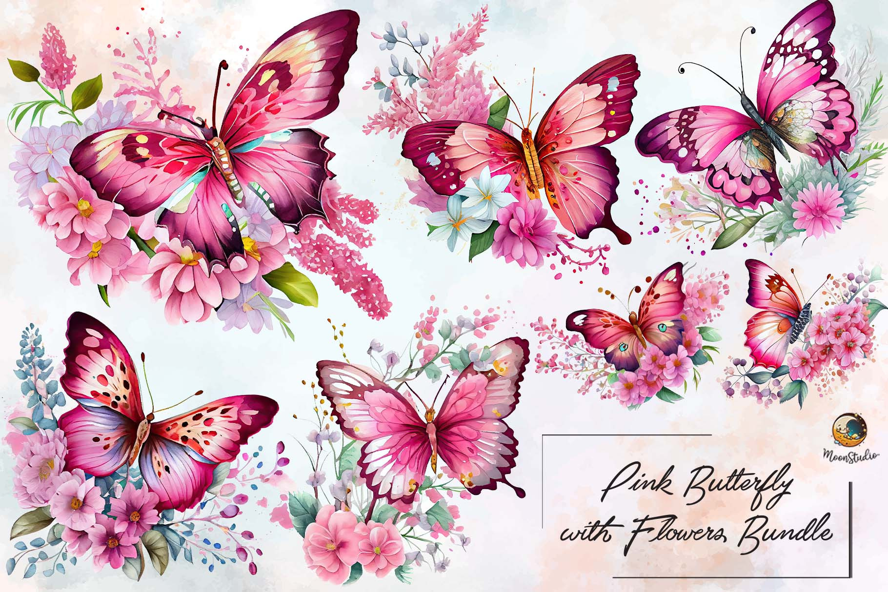 Pink Butterfly with Flowers Bundle, a Graphic by Moon Studio