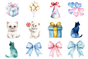 Watercolor Cats Birthday Clipart, a Seasonal Illustration by CitraGraphics (Thumbnail 3 of 7)