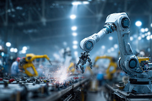 Automated robotic arm performing precision welding on an assembl, an Abstract Photo by Ales Munt