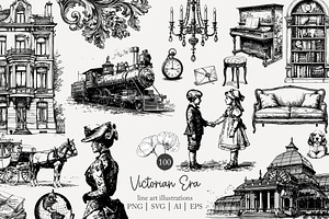100 line art Victorian Era clip art, an Object Illustration by Poppy Lane Studio