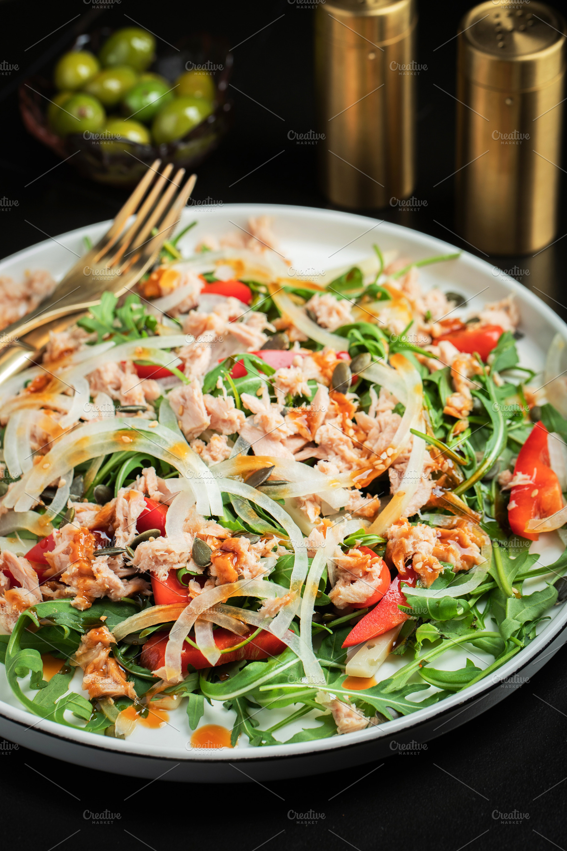 Fresh Tuna Salad with Onions and Cherry Tomatoes. Italian Medite, a Food & Drink Photo by Budarinphoto