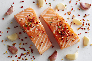 Thick salmon steaks with skin on ready for cooking with spices and garlic, a Food & Drink Photo by AlyaAnd