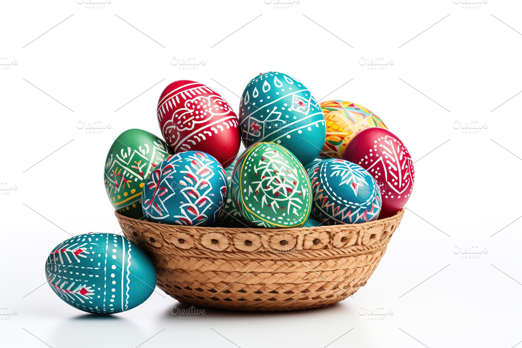 Basket with colorful easter eggs isolated on white background, a Holiday Photo by AlyaAnd