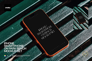 iPhone on Park Bench Mockup Set, an iPhone Mockup by creatsy5