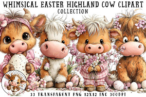 Whimsical Easter Highland Cow Clipar, an Illustration by OK Design