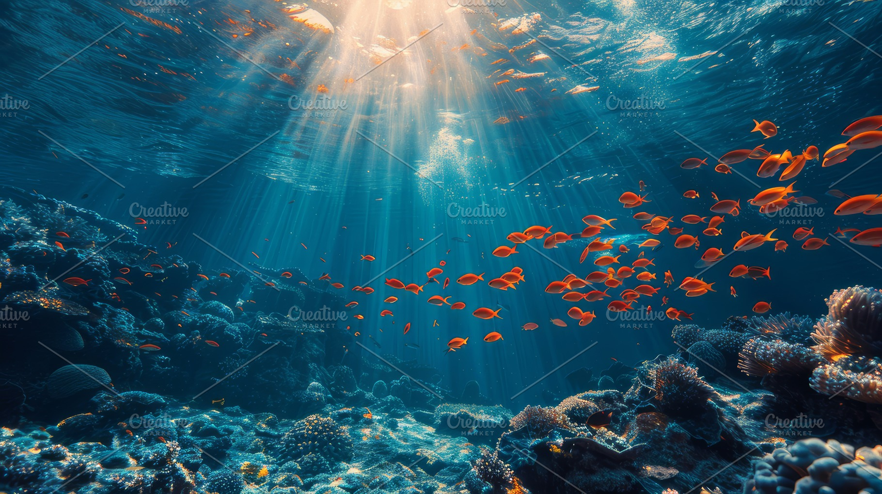 Vibrant Underwater Scene with Sunrays and Tropical Fish Over Coral Reef, a Photo by AS photostudio