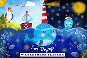 Watercolor clipart Sea Voyage, an Animal Illustration by Vikeriya (Thumbnail 1 of 8)