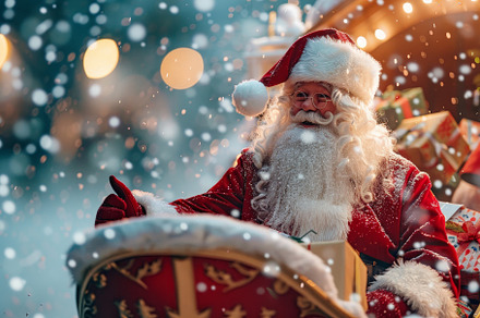 A joyful Santa Claus waves from his, a Photo by Tanuart