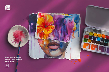 Handmade Paper Watercolor Scene, a Product Mockup by Custom Scene