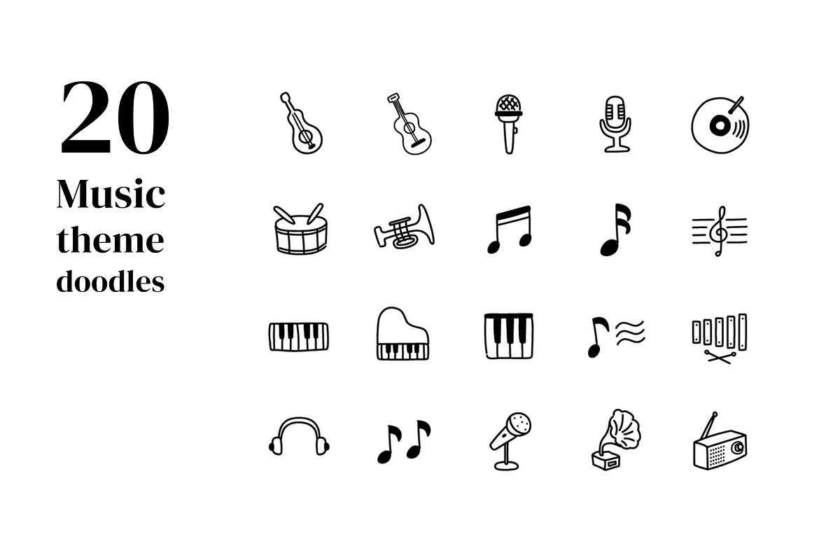 20 Hand drawn music icons, an Outline Icon by Pinkbrush