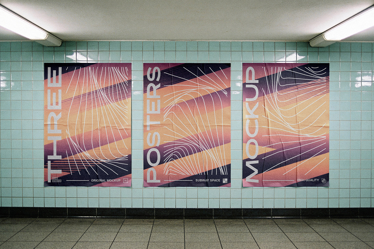 Glued Posters Mockup on Tile Wall, an Advertising Mockup by Design Squad (Photo 4 of 5)