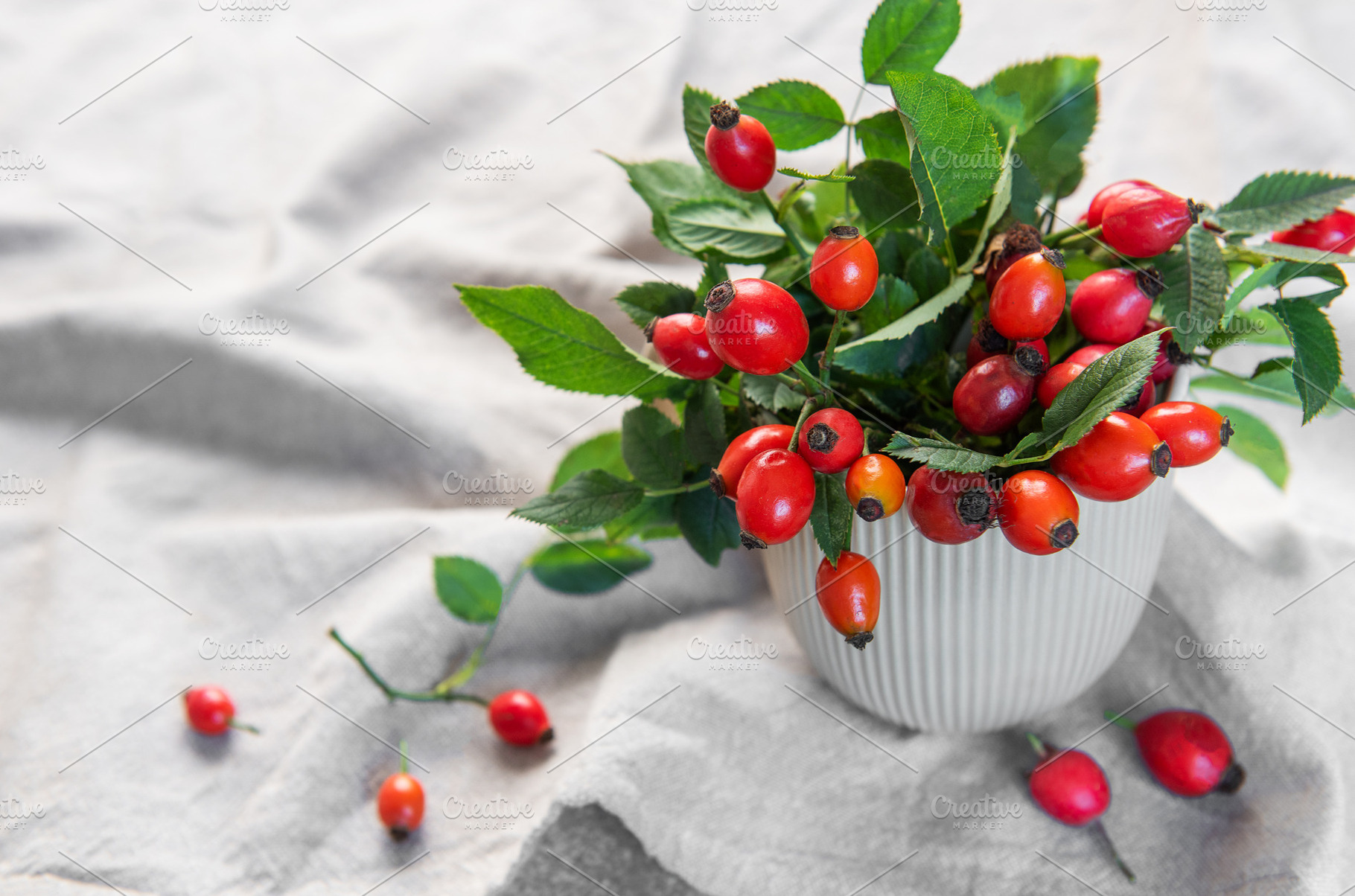 Rose hips spilling from a vase create a vibrant display of autum, a Food & Drink Photo by Olena Rudo
