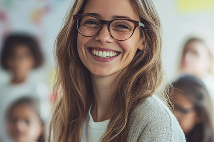 A Smiling Teacher in Classroom, a School & Education Photo by Virgo Studio