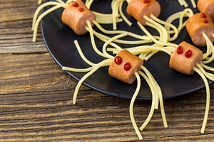 Spaghetti with sausages spider featuring concept, holiday, and sausage
