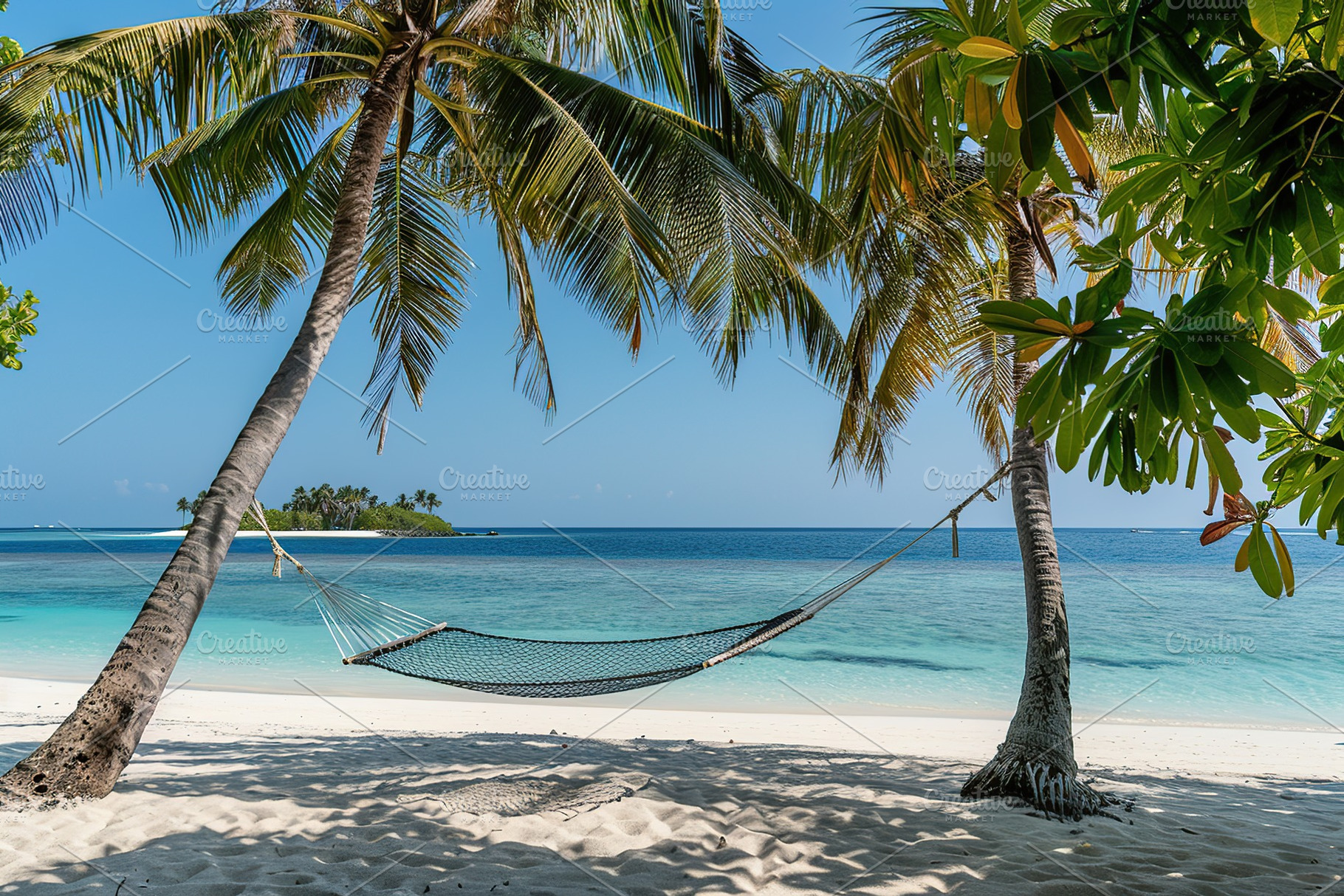 Beach hammock hanging between palm trees, a Nature Photo by AlyaAnd