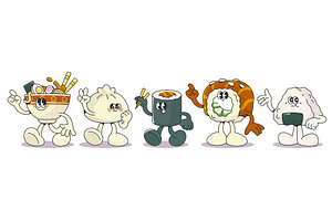 Retro sushi characters set, a Food Illustration by art PVP - market