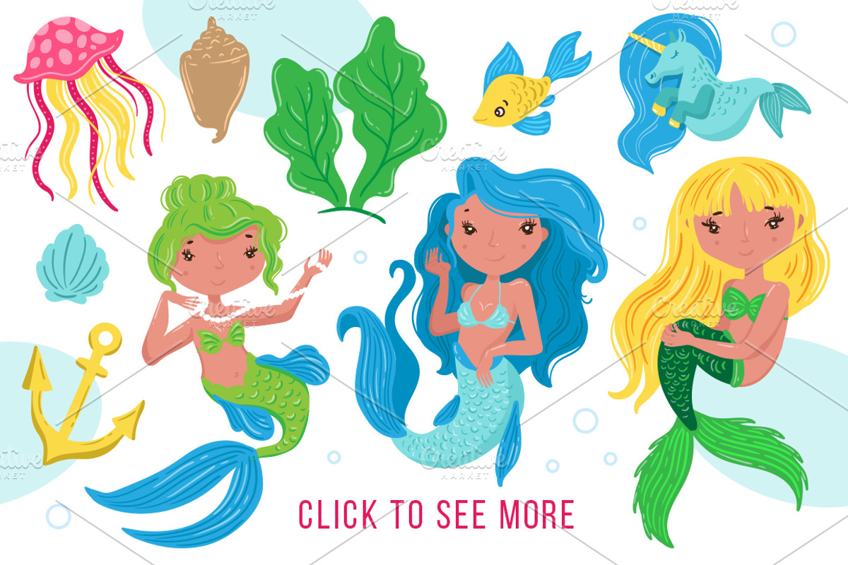 Mermaids - magic vector set, an Animal Illustration by Beauty Drops (Photo 2 of 12)