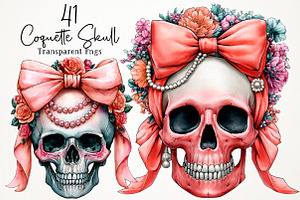 Watercolor Coquette Skull Clipart, a Seasonal Illustration by RobertsArt