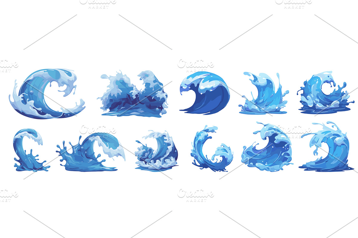 Waves cartoon set. Blue wave, splash, an Illustration by Stock-Smart-Start