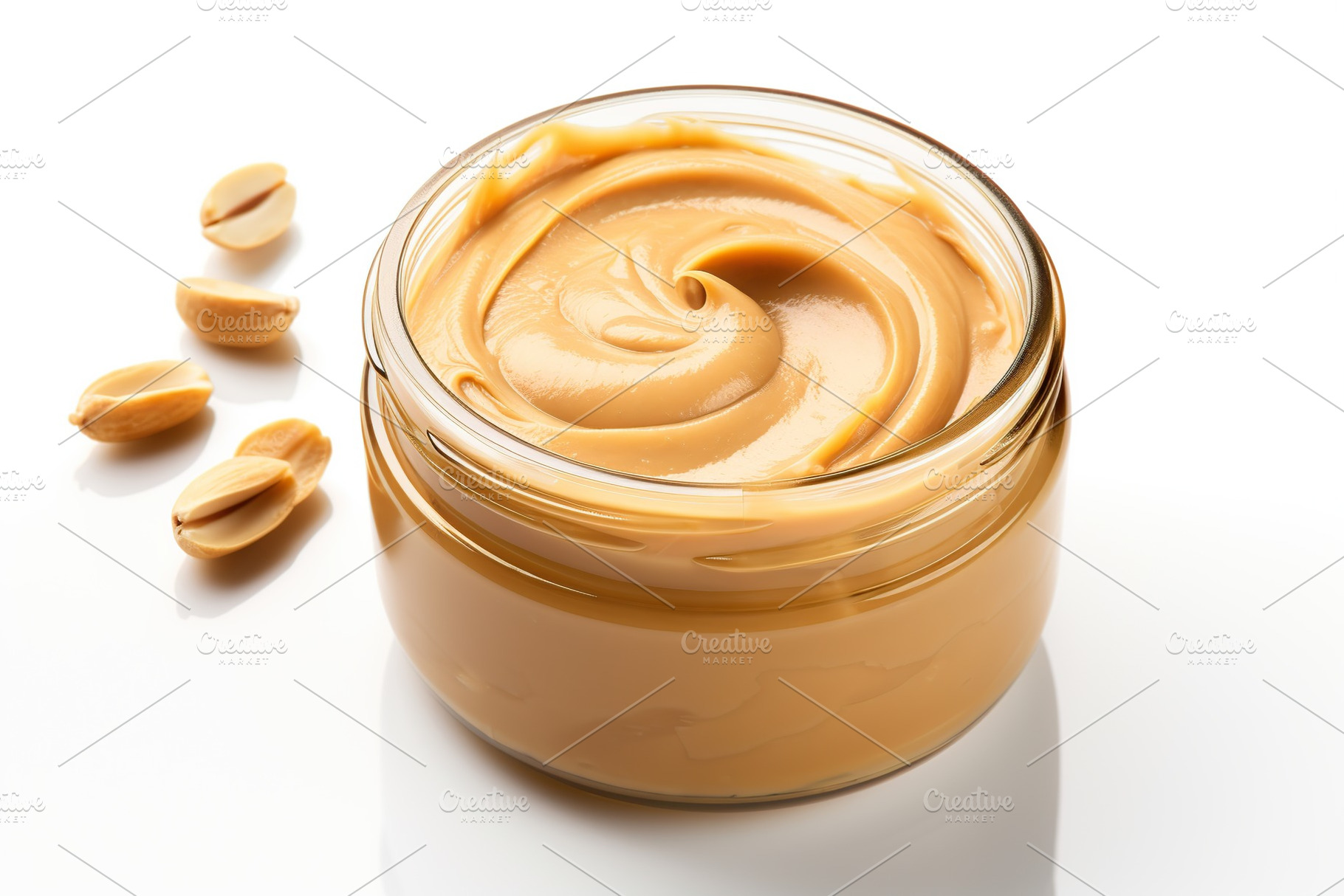 Glass jar with peanut butter on white background, a Food & Drink Photo by AlyaAnd