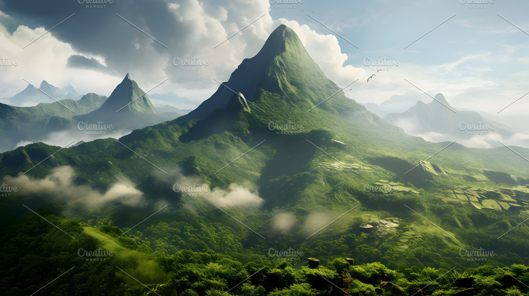 Magical fantasy mountain landscape, large treest and dark colors, a Nature Photo by Mashimara