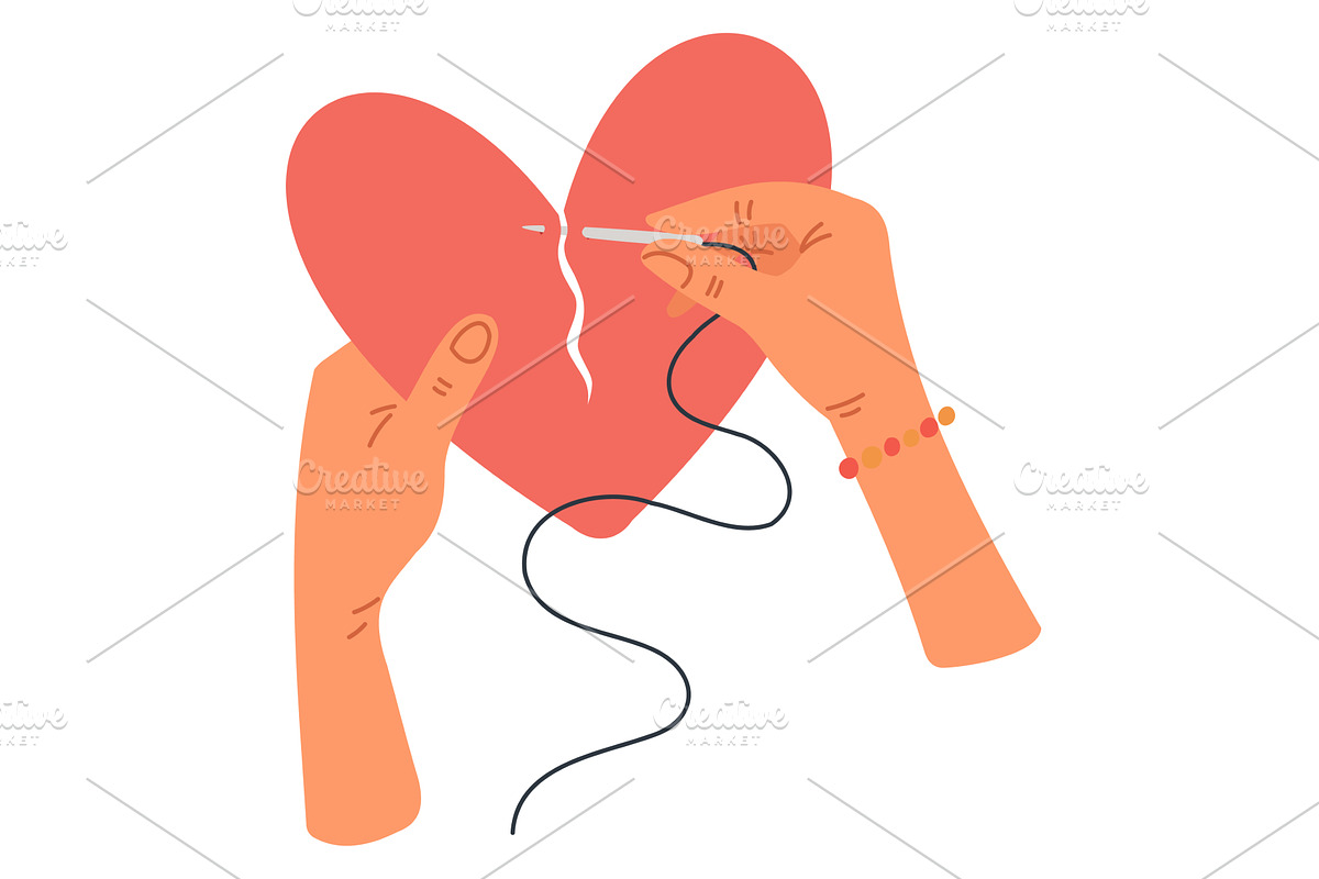 Womens hands sew up broken heart, an Object Illustration by Vectorbuum
