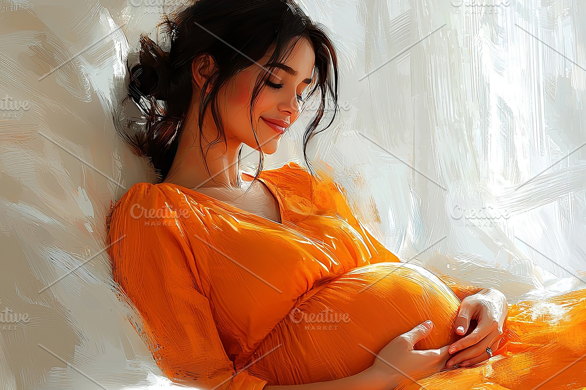 Peaceful pregnant woman smiling while resting comfortably in bed, an Illustration by AS photostudio