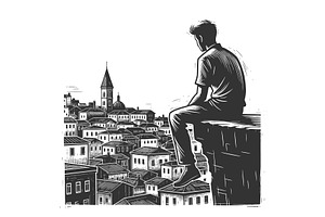 Man Sitting Above City Watching, a Person Illustration by AlexArt