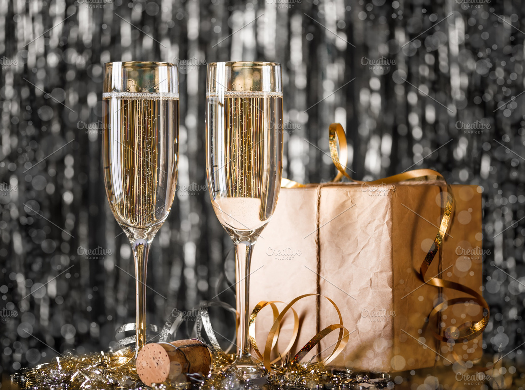 Glass of champagne containing new, year, and eve