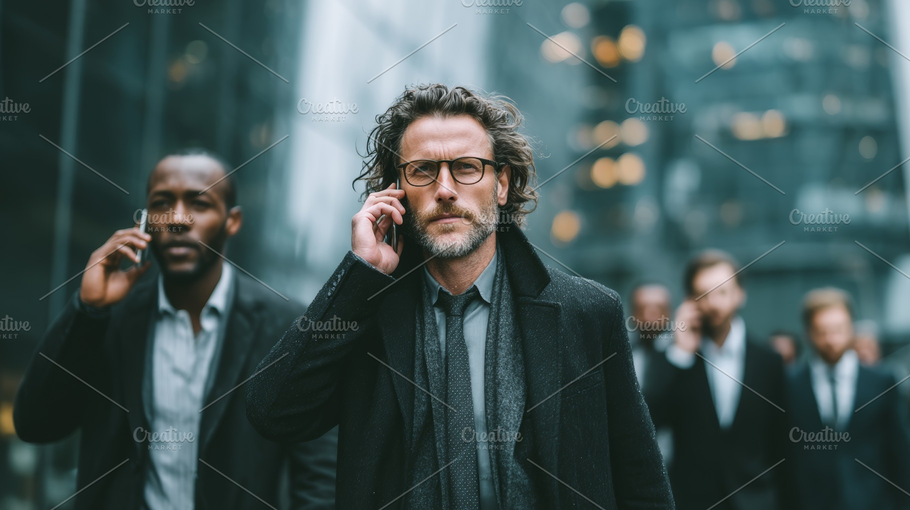 Group of professionals communicating on mobile phones in urban city environment, a Business Photo by AS photostudio