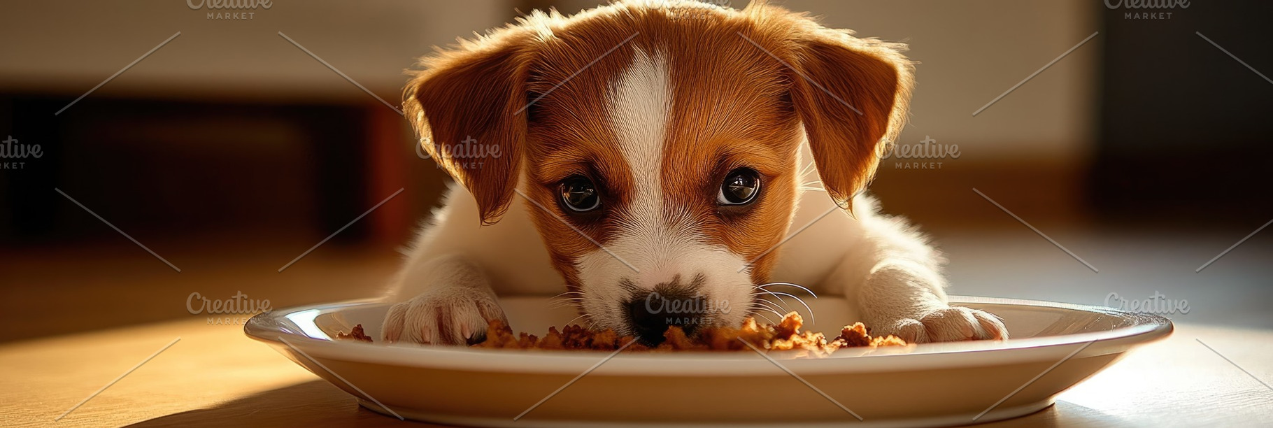 Cute Dog Puppy Eating at Home, an Animal Photo by Virgo Studio