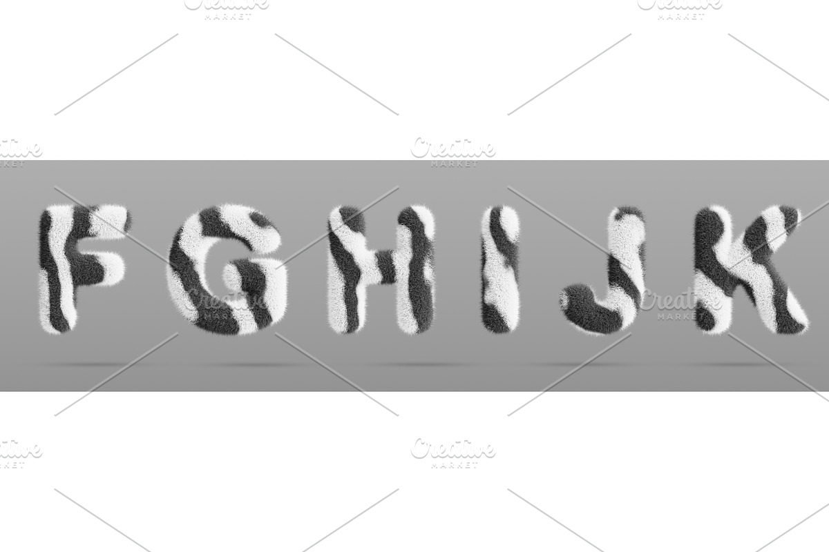 Zebra fluffy font letters F, G, H, I, an Animal 3D Model by Marozhkastudio