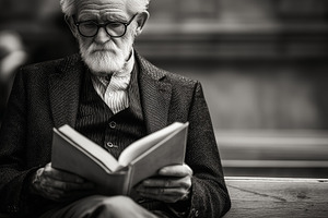 Elegant senior man sits on a bench, a Photo by MistyDay