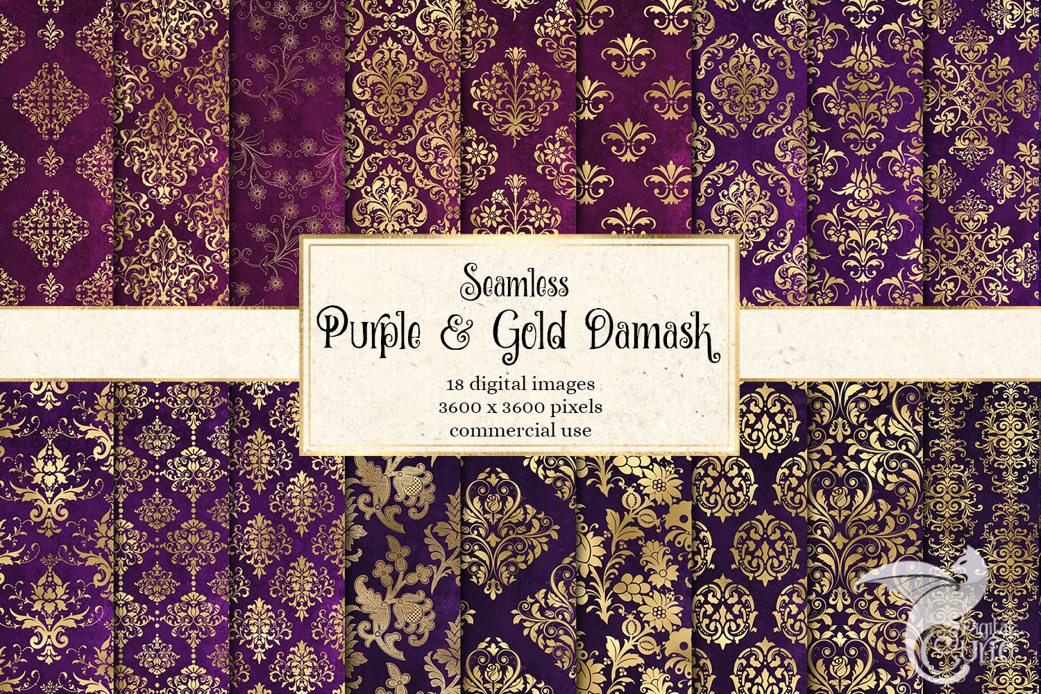 Purple and Gold Damask Digital Paper, a Pattern Graphic by Digital Curio