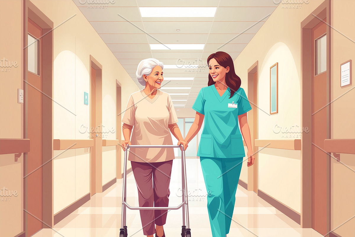 Healthcare worker walking with elderly patient at clinic, a Healthcare Illustration by DanFLCreativo