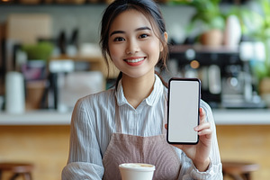Smiling asian female barista holds, a Person Photo by MistyDay