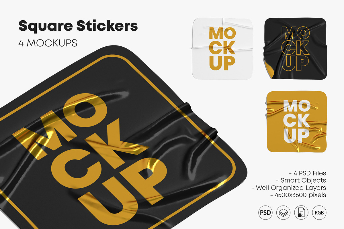 Square Crumpled Stickers Mockup Set, a Print Template by Graphic Bird (Photo 1 of 6)