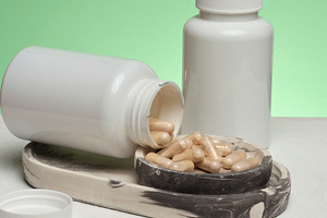 Two white plastic jars, one of which is overturned and capsules, a Health & Medical Photo by ndanko