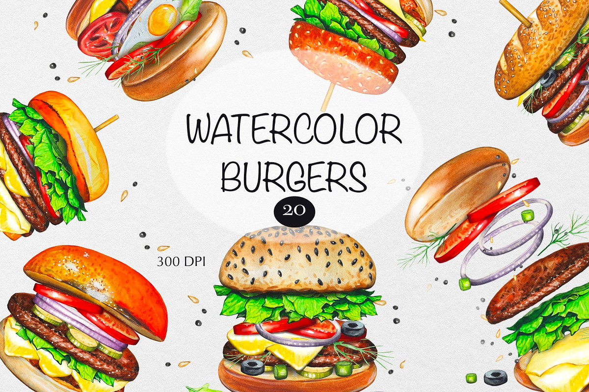 Watercolor Burgers Clipart, a Food Illustration by DiashaArt (Photo 1 of 5)