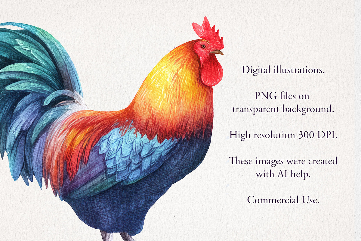 Rooster Watercolor Clipart 33 PNG, an Animal Illustration by EleSArtDesign (Photo 3 of 4)