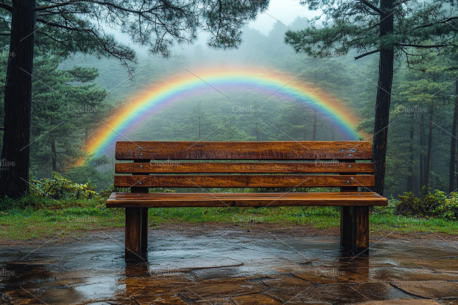 Beautiful rainbow and wooden bench in green forest, a Nature Photo by AlyaAnd